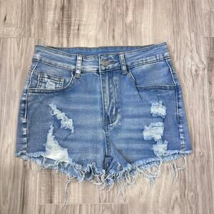 SHEIN Women's Ripped Raw Hem Blue Denim Shorts Size 2